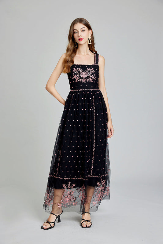Butterfly Embroidery Polka Dot Tulle Overlay Square Neck Sleeveless Maxi Dress
