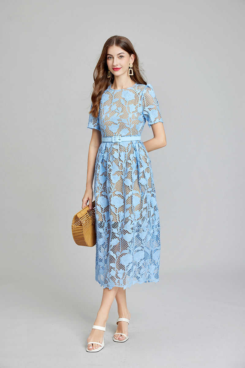 Floral Lace Short Sleeve Belted A-Line Midi Dress