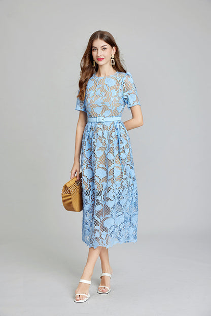 Floral Lace Short Sleeve Belted A-Line Midi Dress