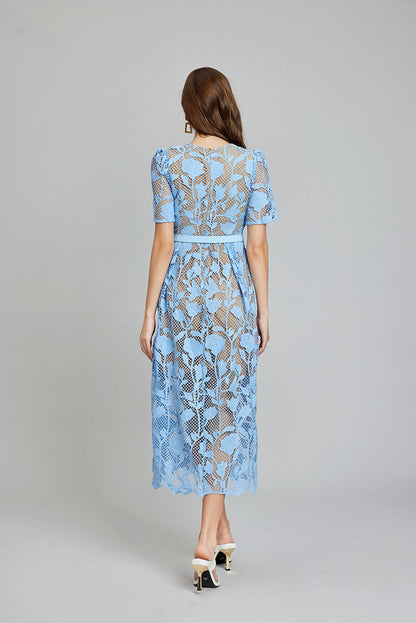 Floral Lace Short Sleeve Belted A-Line Midi Dress