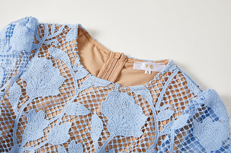Floral Lace Short Sleeve Belted A-Line Midi Dress