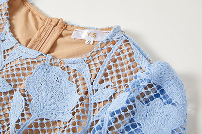Floral Lace Short Sleeve Belted A-Line Midi Dress