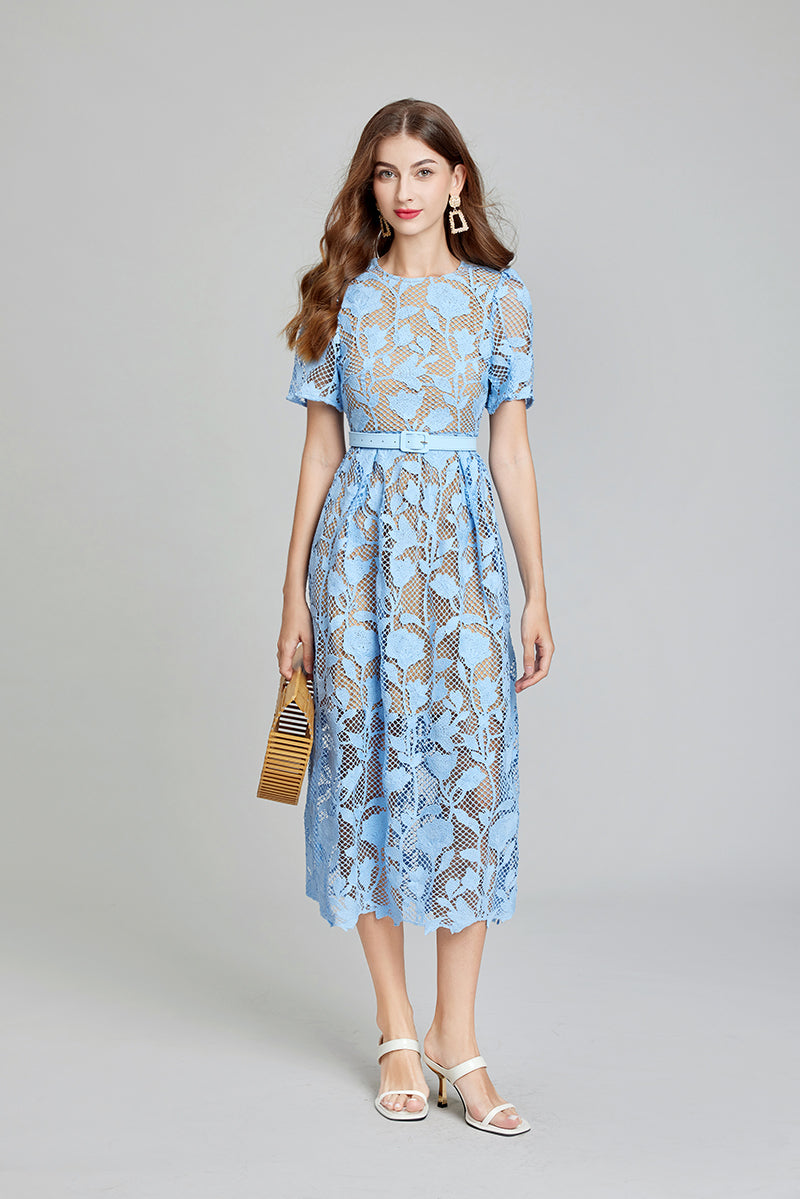 Floral Lace Short Sleeve Belted A-Line Midi Dress