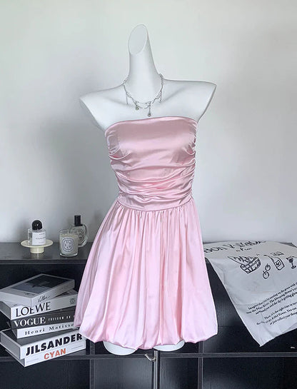 Pink Tutb Top Dress Satin Mini Skirt Dress