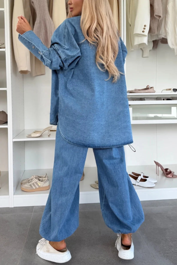 Stylish Denim High Rise Elastic Waist Pocket Loose Lantern Jeans