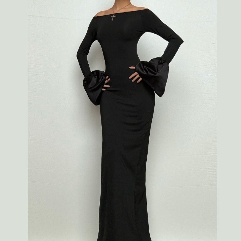 Long flared sleeve off shoulder ruched slit maxi dress