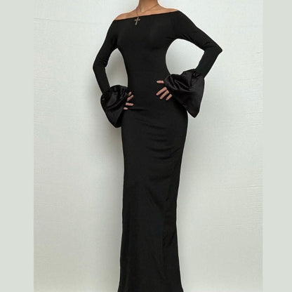 Long flared sleeve off shoulder ruched slit maxi dress