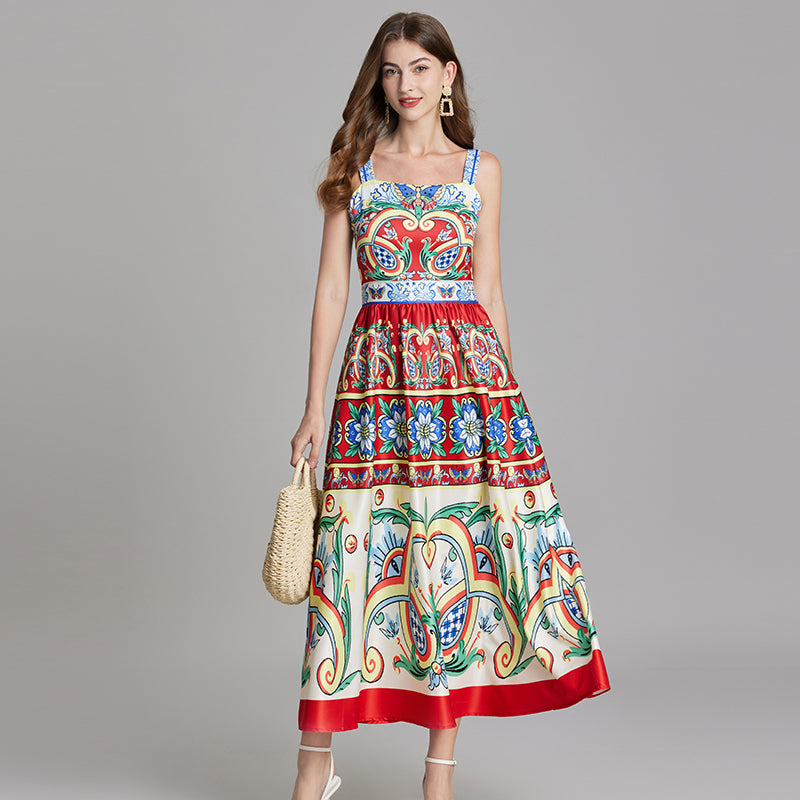 Square Neck Wide Strap Majolica Tile Print A-Line Maxi Dress