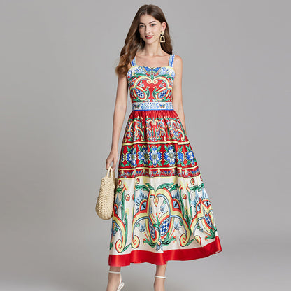 Square Neck Wide Strap Majolica Tile Print A-Line Maxi Dress