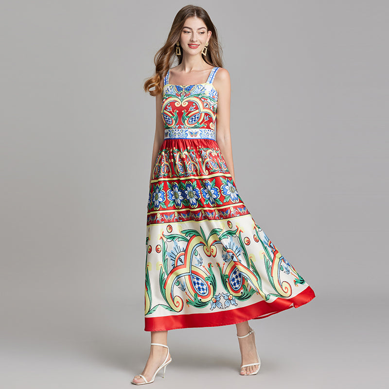 Square Neck Wide Strap Majolica Tile Print A-Line Maxi Dress