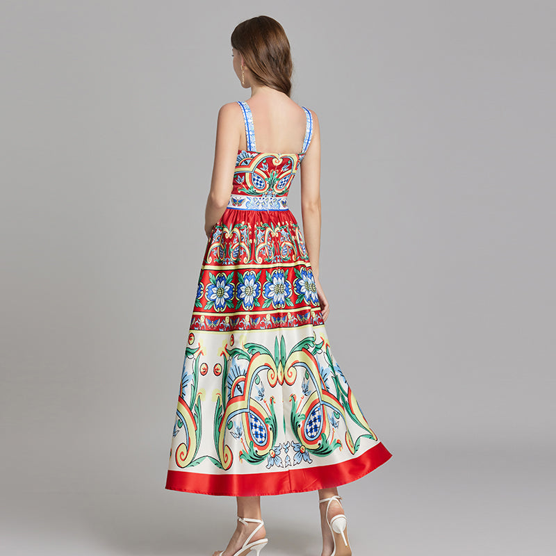 Square Neck Wide Strap Majolica Tile Print A-Line Maxi Dress