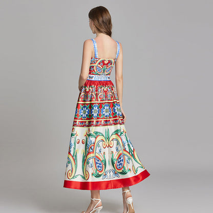Square Neck Wide Strap Majolica Tile Print A-Line Maxi Dress