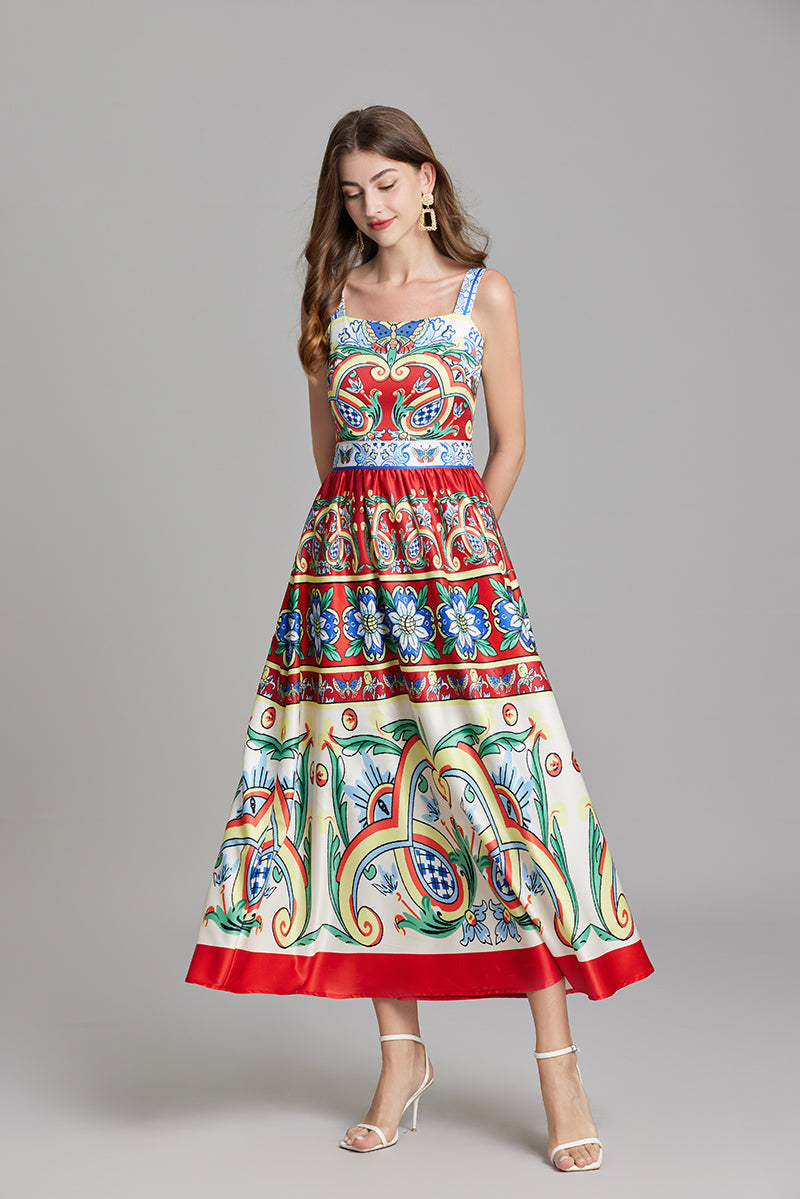 Square Neck Wide Strap Majolica Tile Print A-Line Maxi Dress