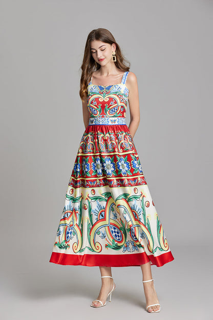 Square Neck Wide Strap Majolica Tile Print A-Line Maxi Dress