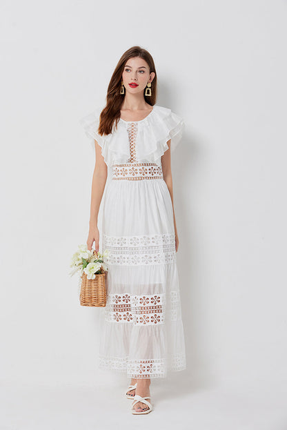 Eyelet Lace Tiered Flutter Sleeve Deep V-Neck Maxi Dress