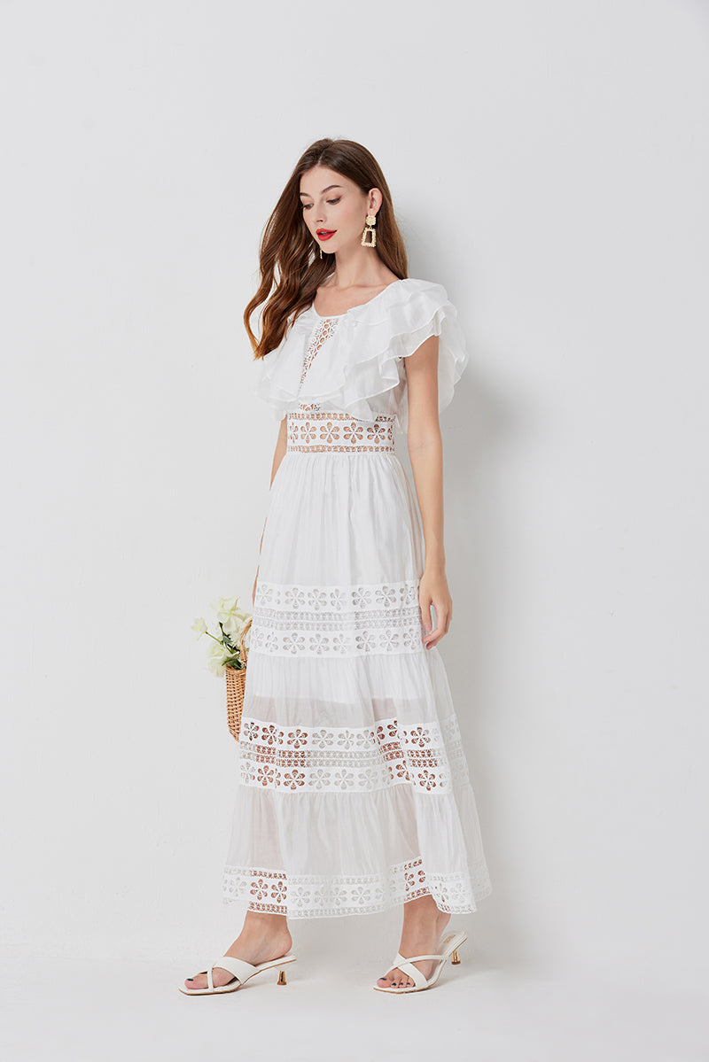 Eyelet Lace Tiered Flutter Sleeve Deep V-Neck Maxi Dress