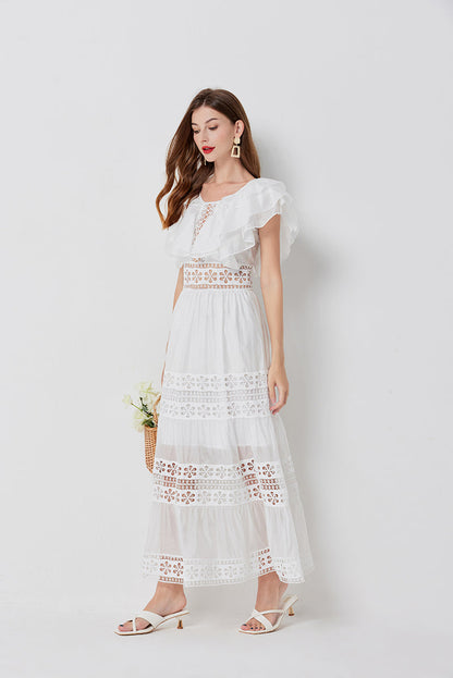Eyelet Lace Tiered Flutter Sleeve Deep V-Neck Maxi Dress