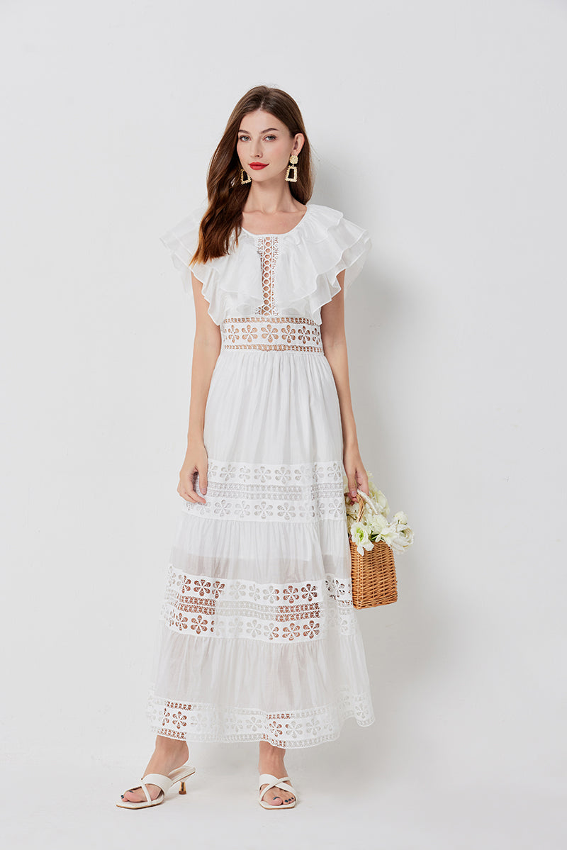Eyelet Lace Tiered Flutter Sleeve Deep V-Neck Maxi Dress