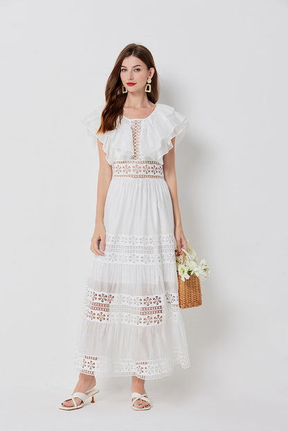 Eyelet Lace Tiered Flutter Sleeve Deep V-Neck Maxi Dress