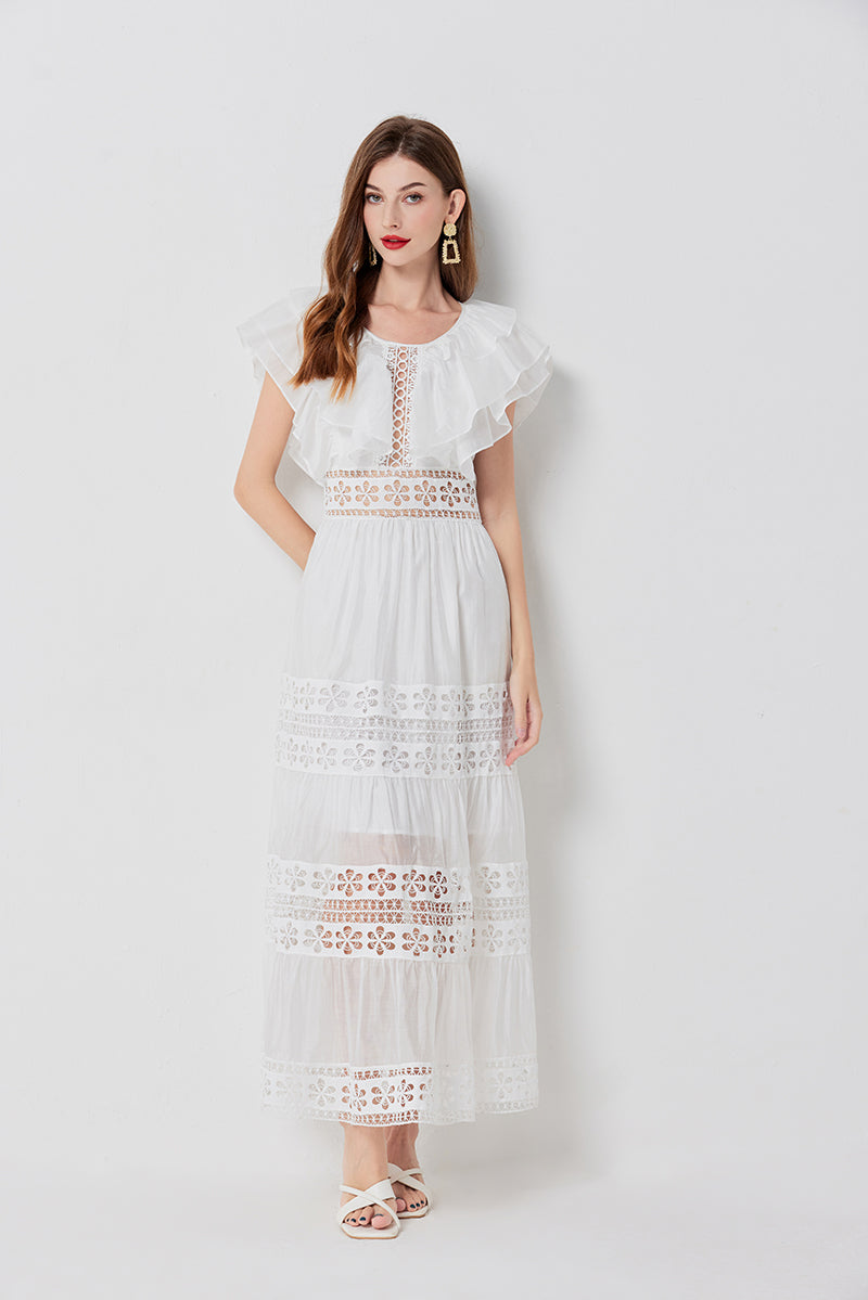 Eyelet Lace Tiered Flutter Sleeve Deep V-Neck Maxi Dress