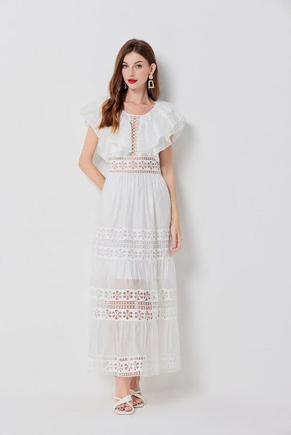 Eyelet Lace Tiered Flutter Sleeve Deep V-Neck Maxi Dress