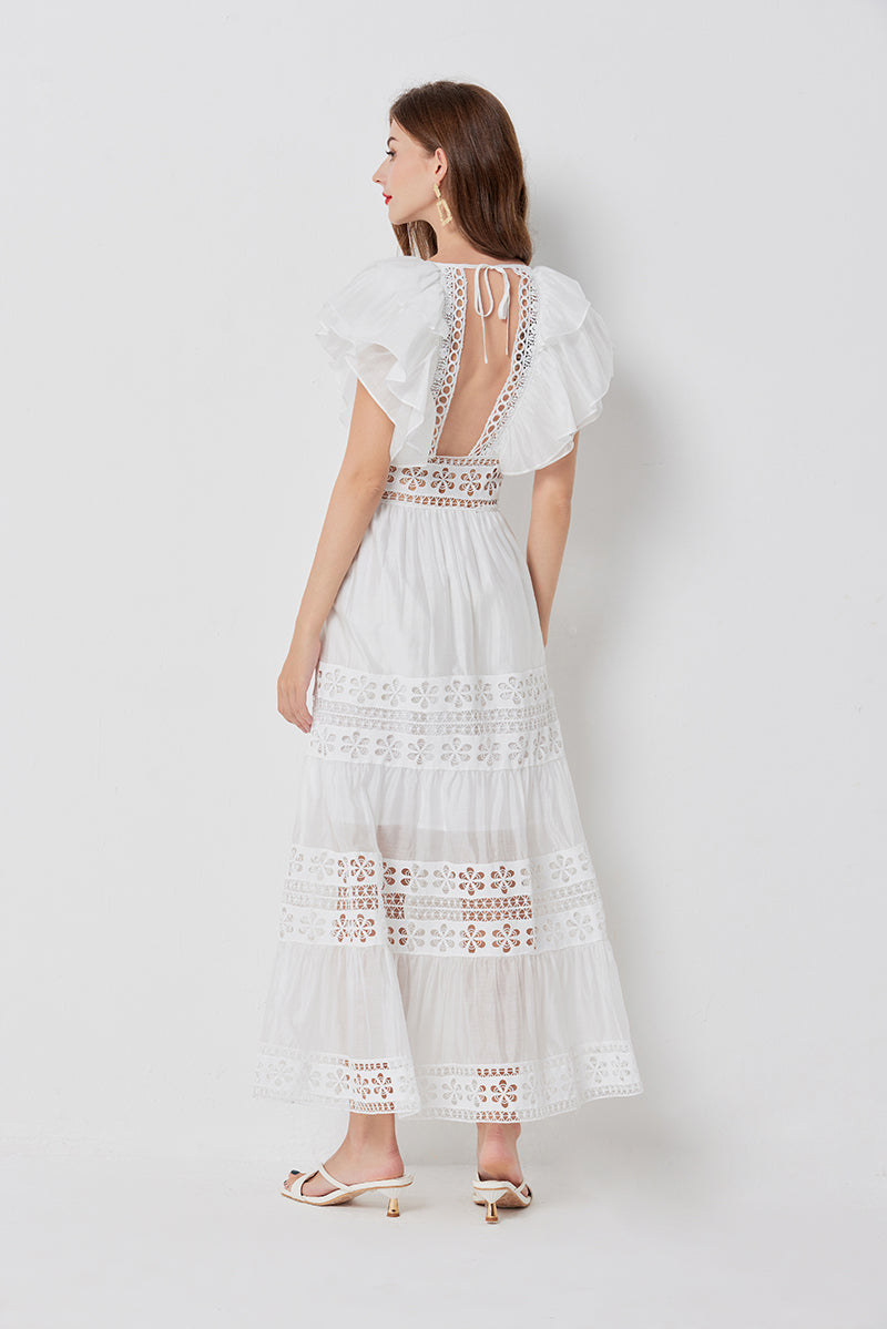 Eyelet Lace Tiered Flutter Sleeve Deep V-Neck Maxi Dress