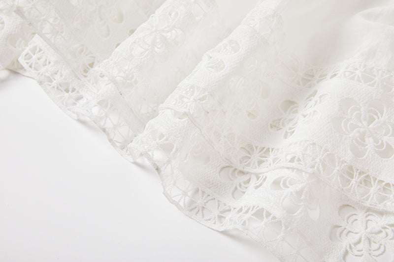 Eyelet Lace Tiered Flutter Sleeve Deep V-Neck Maxi Dress