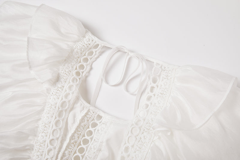 Eyelet Lace Tiered Flutter Sleeve Deep V-Neck Maxi Dress
