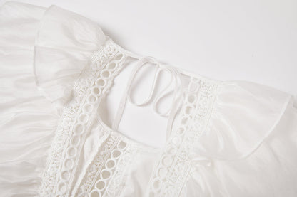 Eyelet Lace Tiered Flutter Sleeve Deep V-Neck Maxi Dress