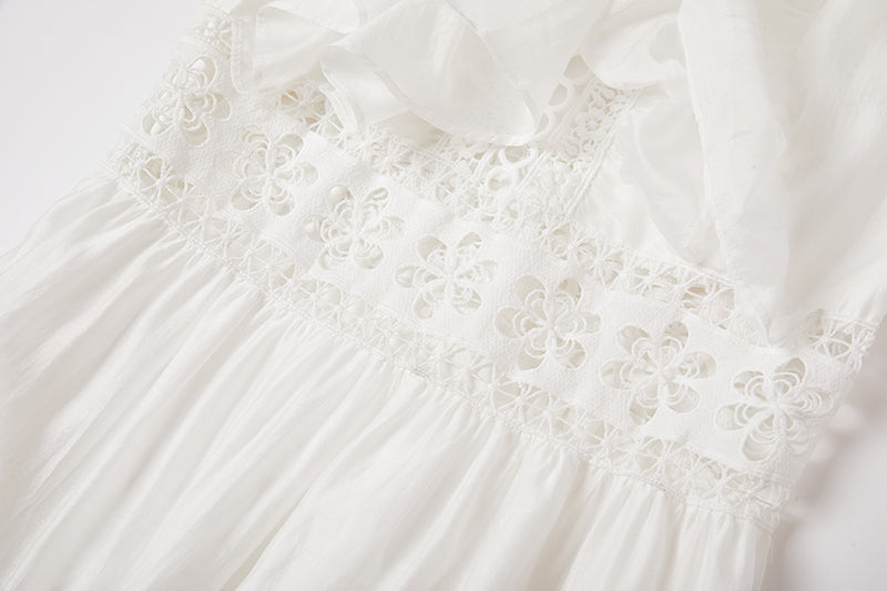 Eyelet Lace Tiered Flutter Sleeve Deep V-Neck Maxi Dress
