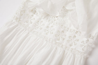 Eyelet Lace Tiered Flutter Sleeve Deep V-Neck Maxi Dress