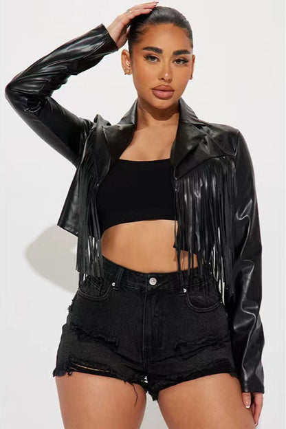 Fringe Trim Faux Leather Cropped Jacket
