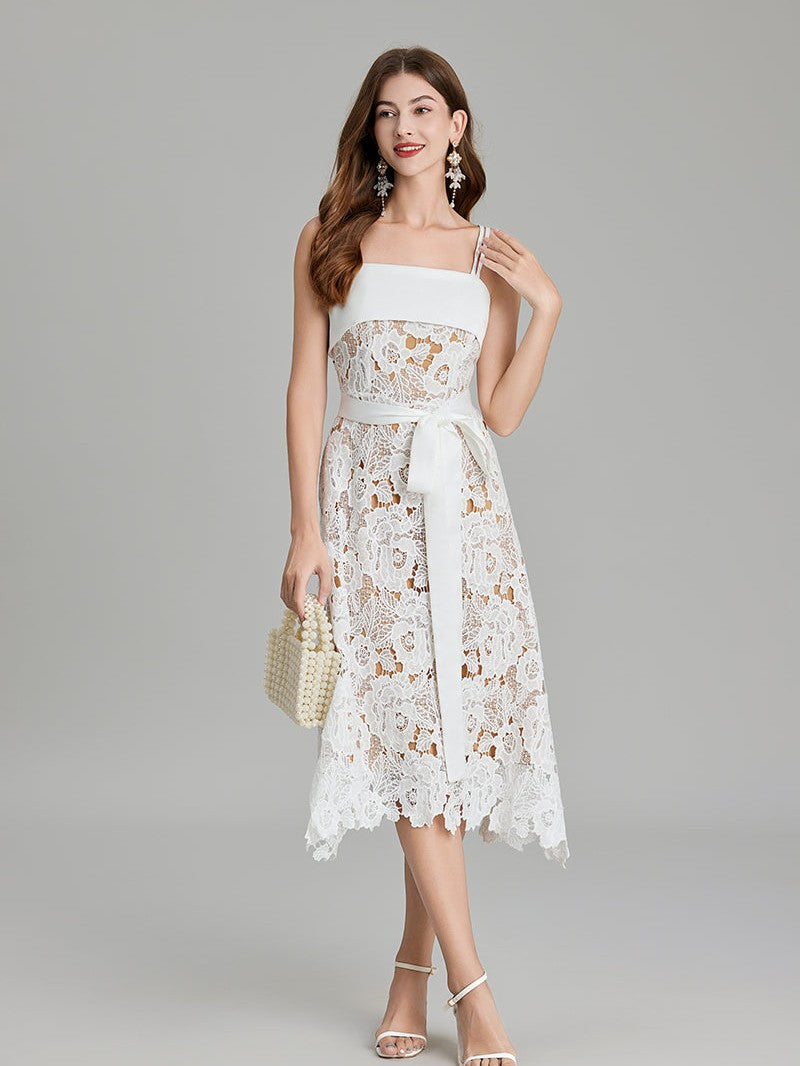 Embroidery Belted A Line Maxi Dress