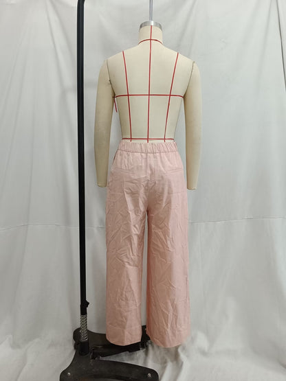 Poplin V neck Top & High Waist Wide Leg Pant Coord Set