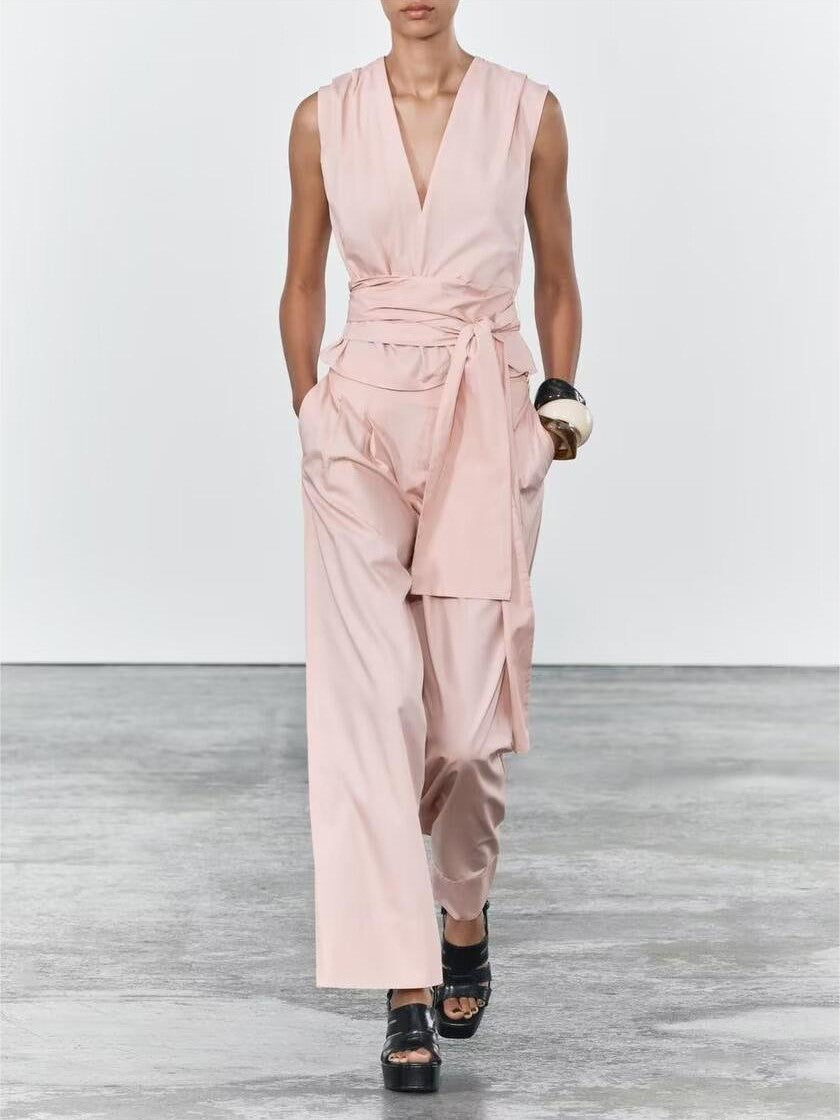 Poplin V neck Top & High Waist Wide Leg Pant Coord Set