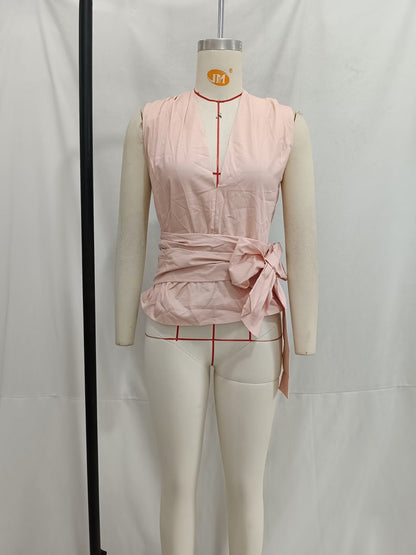 Poplin V neck Top & High Waist Wide Leg Pant Coord Set