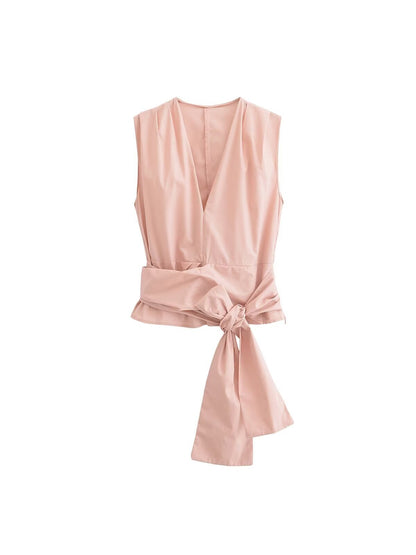 Poplin V neck Top & High Waist Wide Leg Pant Coord Set