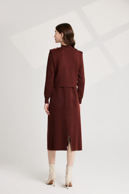 Thickened Distinctive Semi High Neck Base Knitted Vest Long Sleeved Dress Two Piece Set