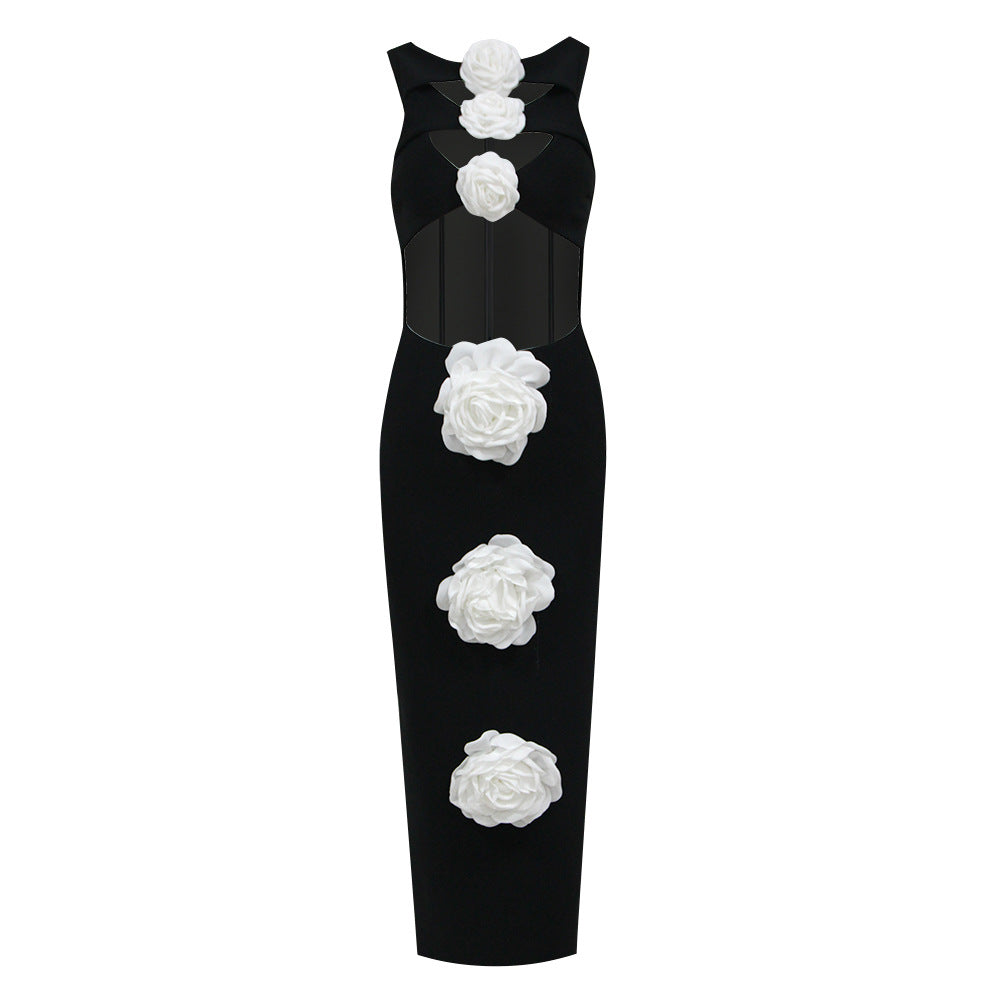 High Neck Diamond Cutout Floral Applique Sleeveless Column Floor-Length Dress