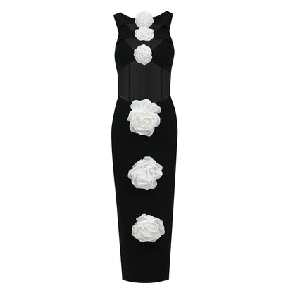 High Neck Diamond Cutout Floral Applique Sleeveless Column Floor-Length Dress