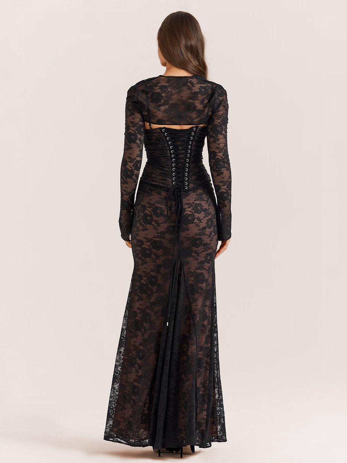 Trumpet Dress Lace-up Cutout Floral Embroidery Long Sleeves Prom Dresses