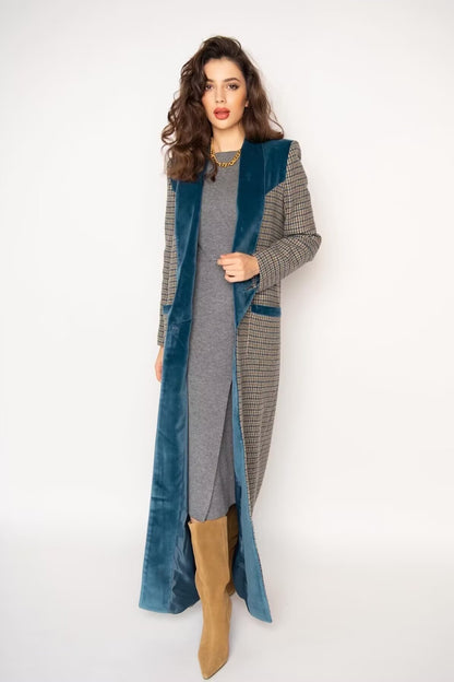 Houndstooth Long Sleeve Tweed Coat