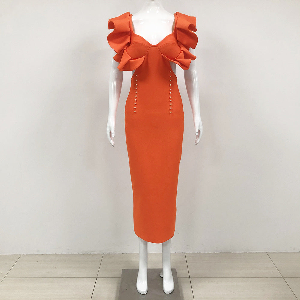 Ruffle Shoulder V Neck Side Cutout Button Stud Bodycon Midi Dress
