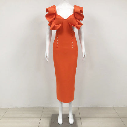 Ruffle Shoulder V Neck Side Cutout Button Stud Bodycon Midi Dress