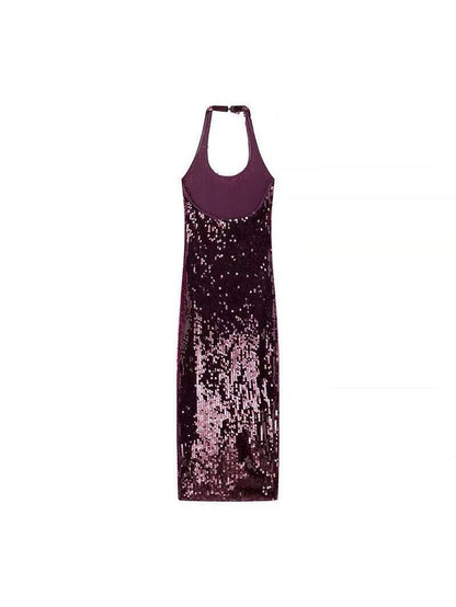Burgundy Halterneck Sequins Slit Dress
