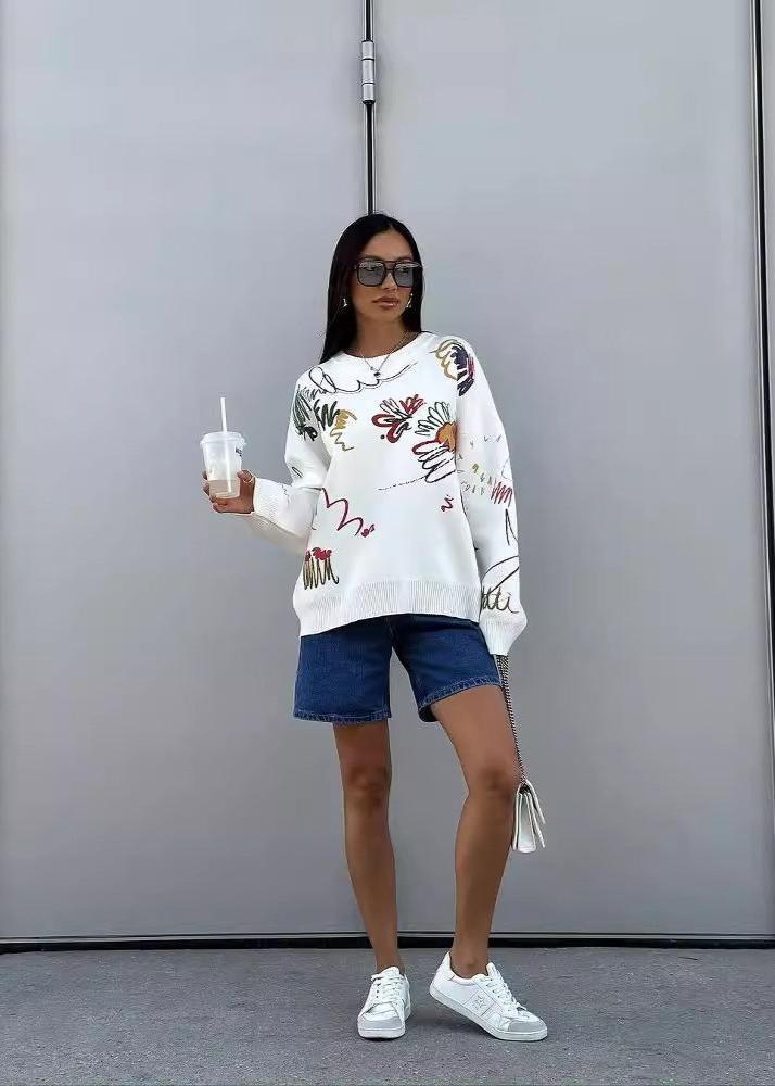 Colorful Abstract Print Crew Neck Oversized Sweater