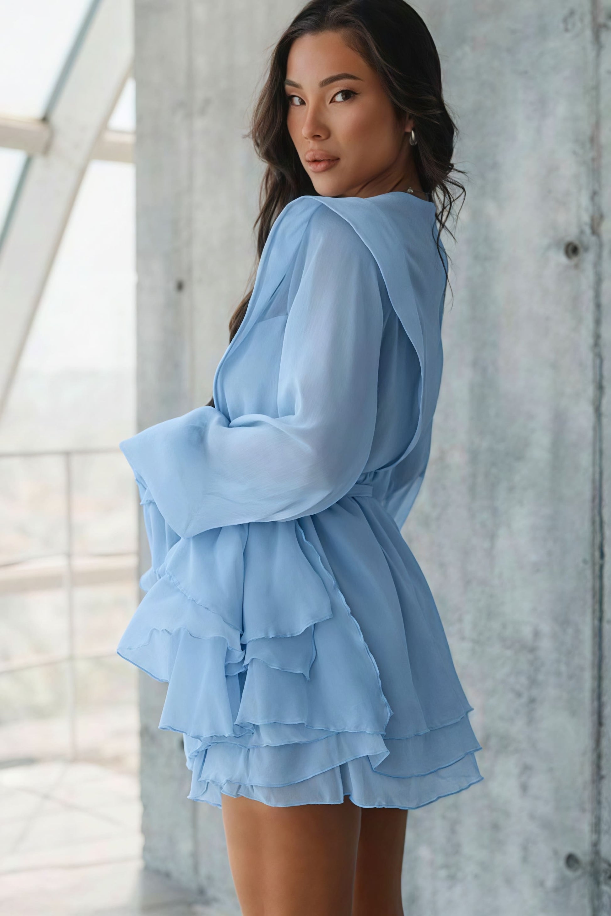Tie Neck Sheer Mesh Bishop Sleeve Tiered Ruffle Mini Dress
