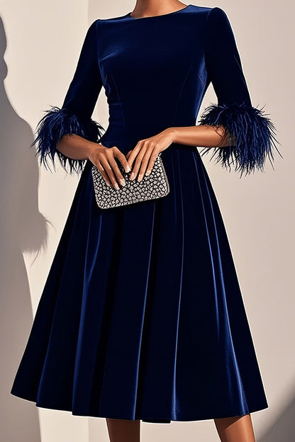 Solid Color Velvet Feather Half Sleeves Elegant Fitted Waist Midi Dress