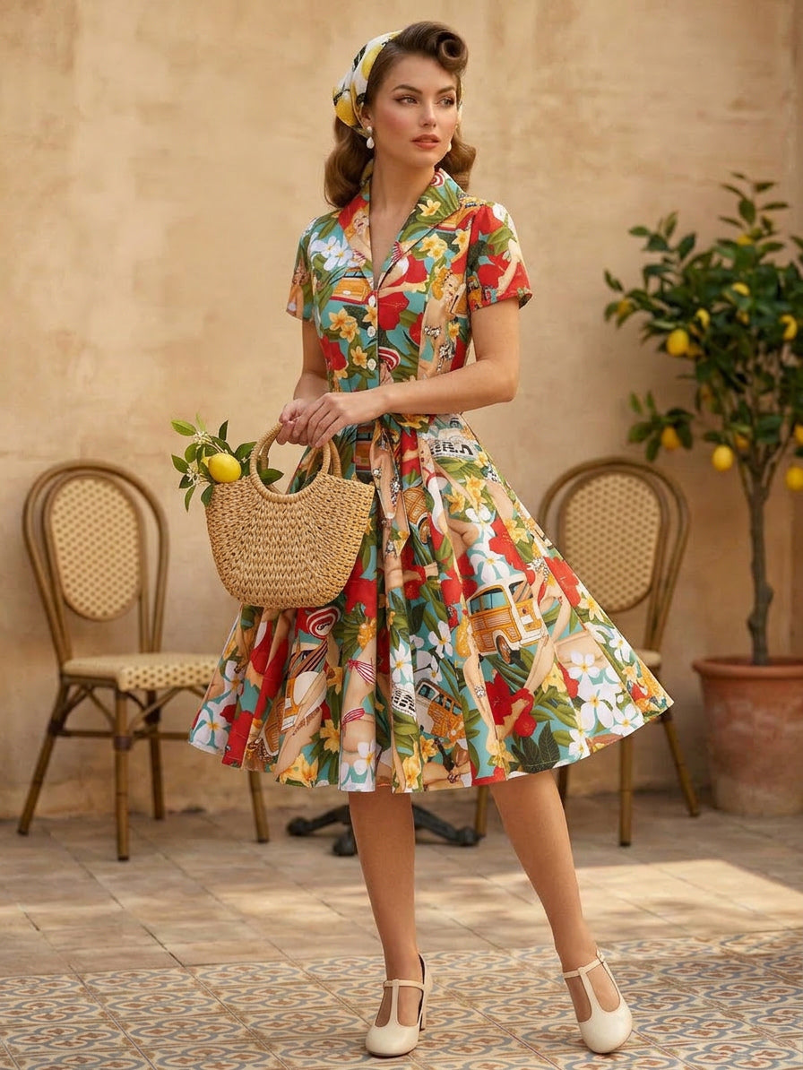 Vintage Printed Tea Dress for Women - 1950s A-Line Belted Short Sleeve Rockabilly Swing Midi Dress - Holiday Picnic 2026