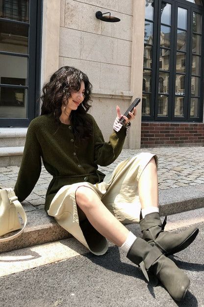 Color-Block Belted Lazy-Style Knit Cardigan